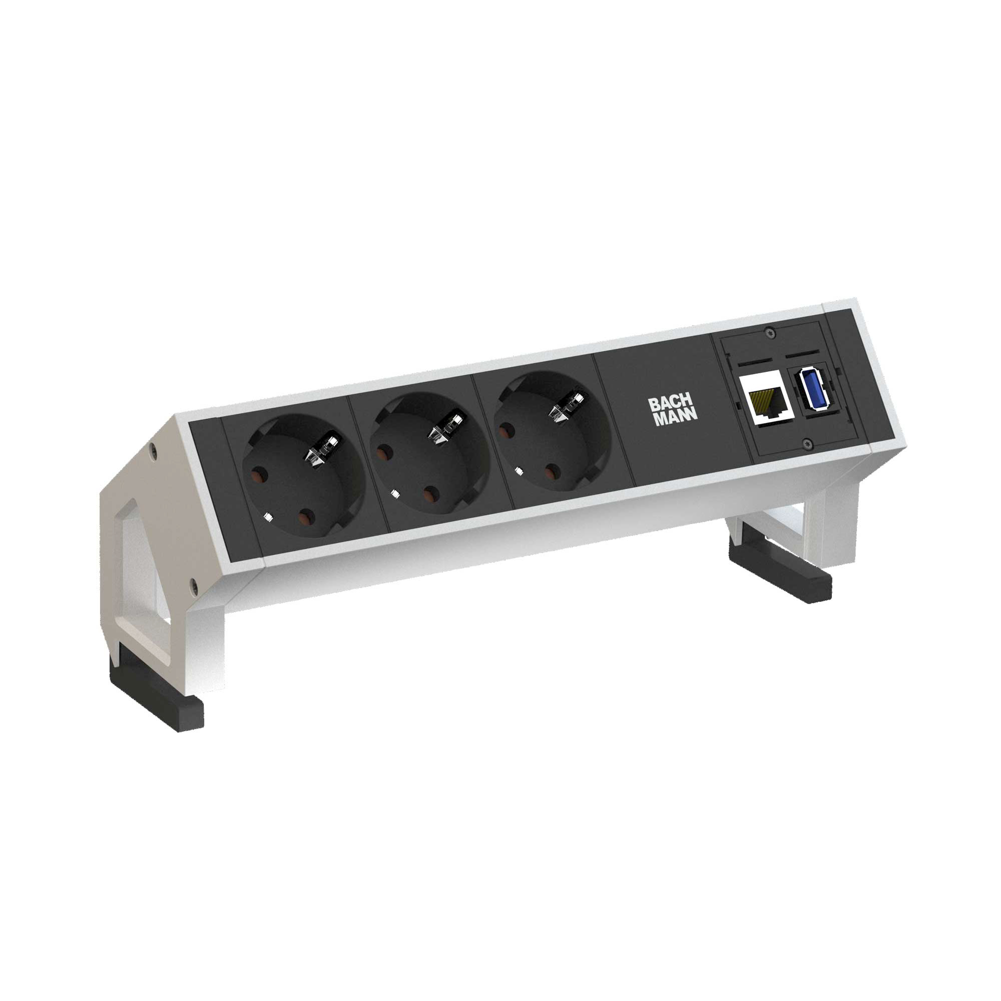 BACHMANN 3-fach Steckdosenleiste DESK 2 mit Ethernet und USB-A 3.0 Buchse - weiß / schwarz