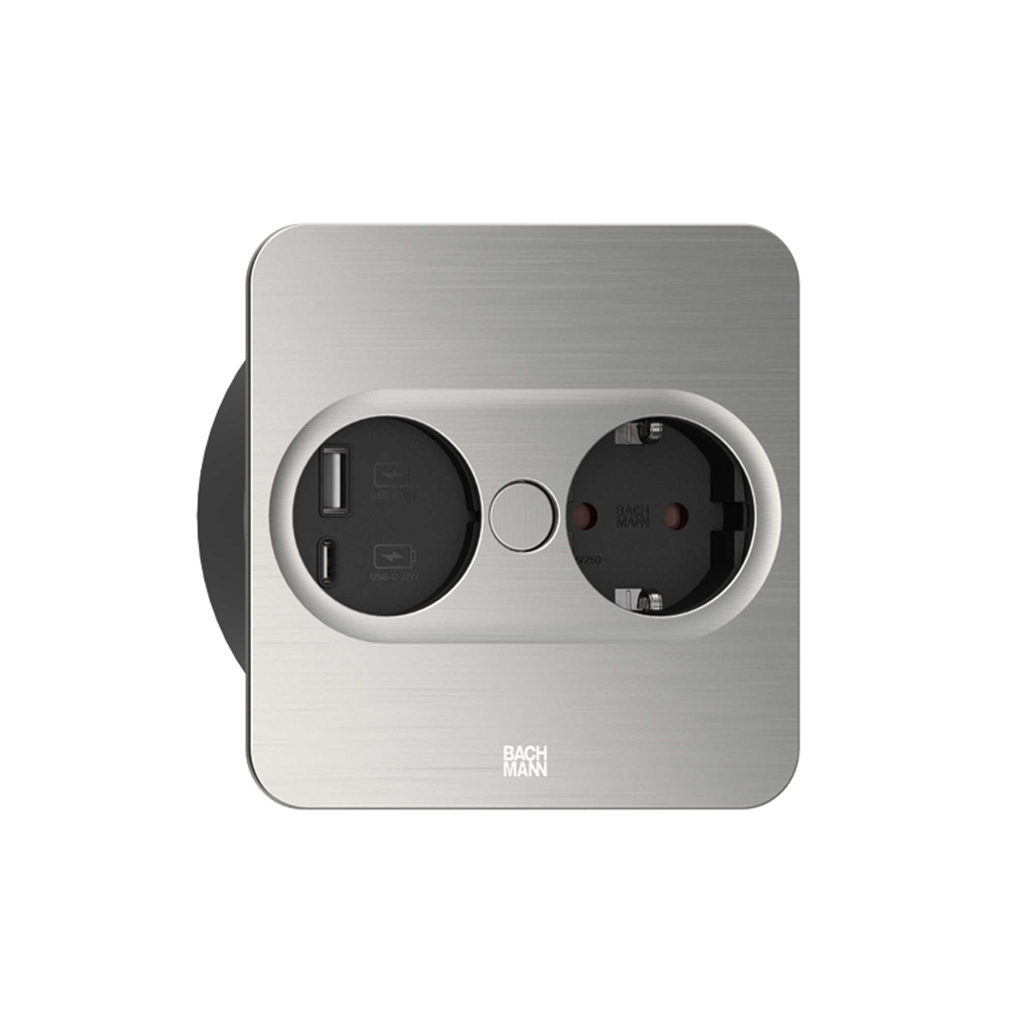 BACHMANN Einbausteckdose TWIST 2 mit USB A&C Buchse und Drehdeckel, eckig - edelstahl-optik