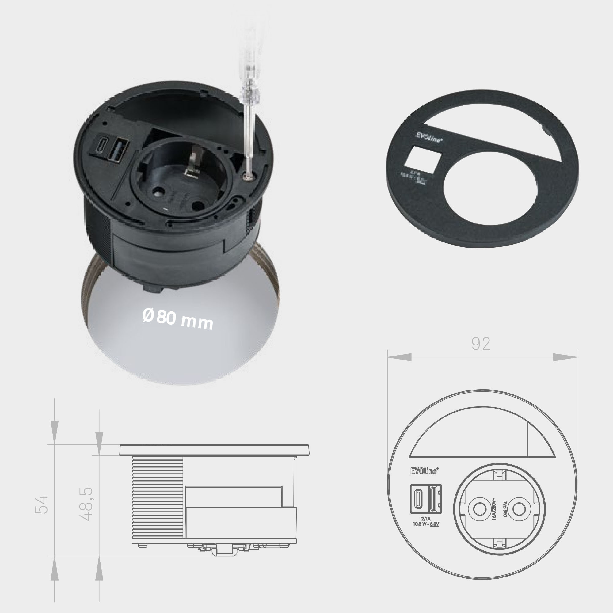 EVOline Circle 80 Steckdose mit Doppel USB Charger A+C (konfigurierbar)