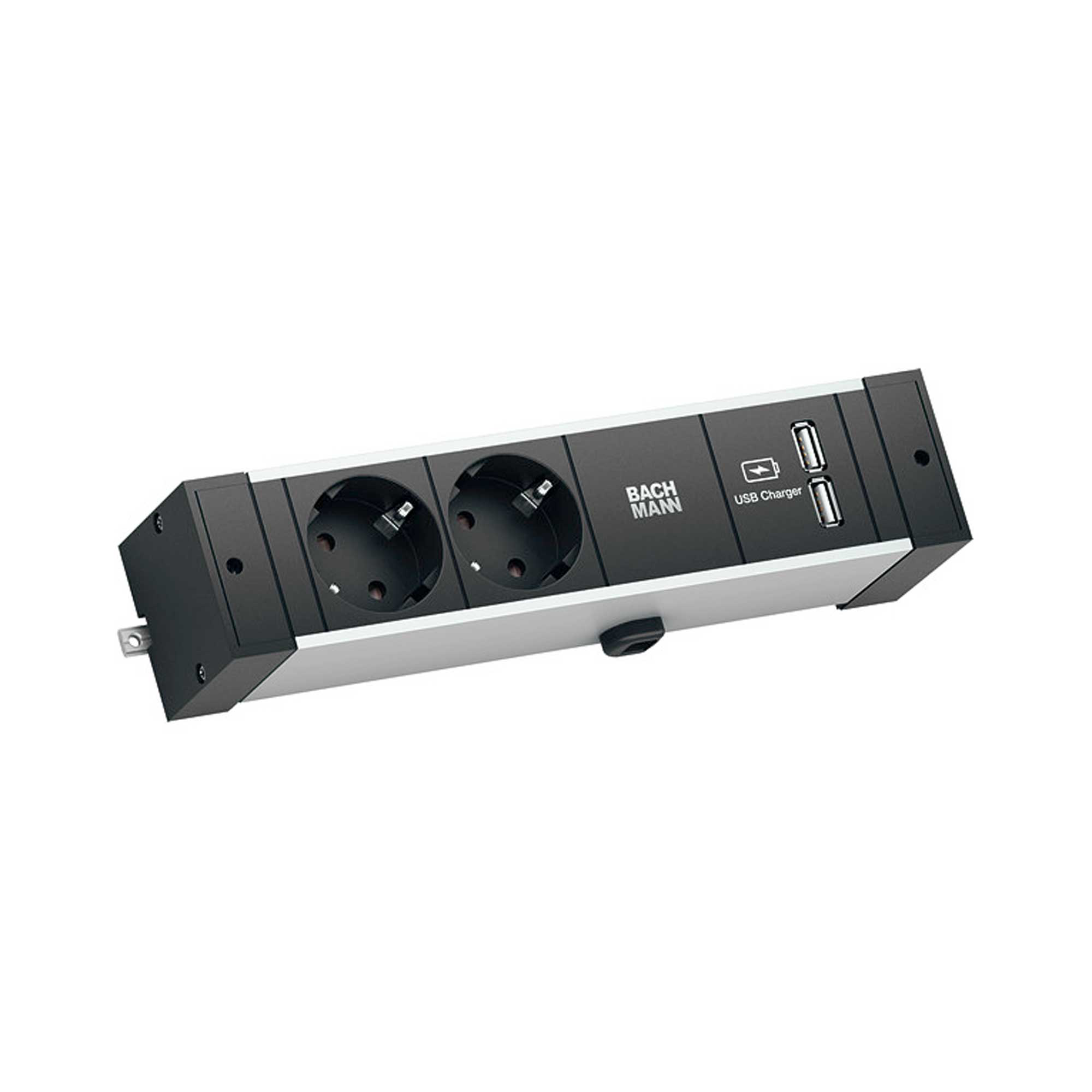 BACHMANN 2-fach Steckdose DESK RAIL - kompatibel mit gängigen Relingsystemen z. B. NOVUS MY Toolbar mit 2x USB A 15W