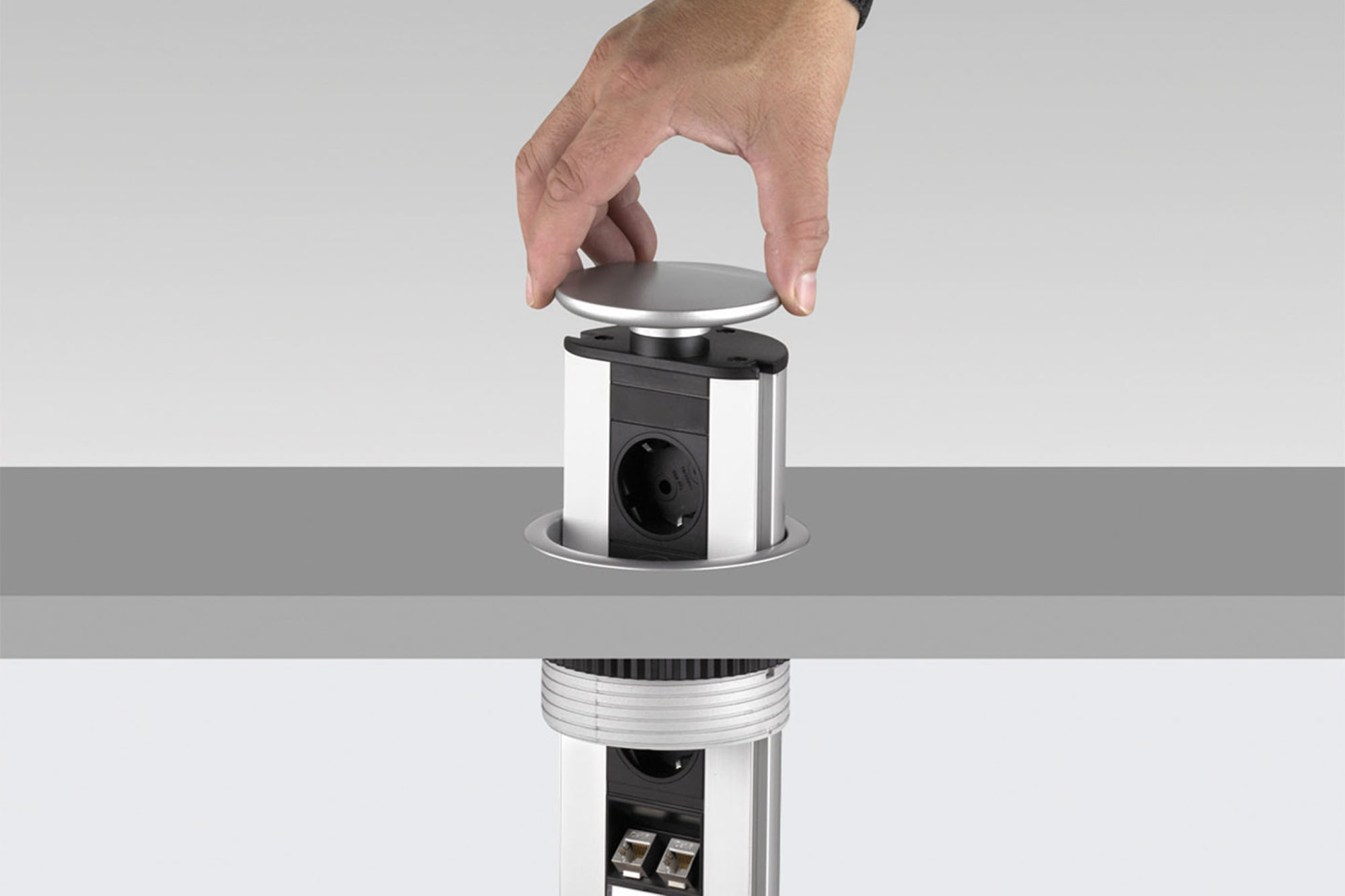 EVOline Port Data - versenkbarer 3-fach Einbausteckdose mit 2x  RJ45-Anschluss