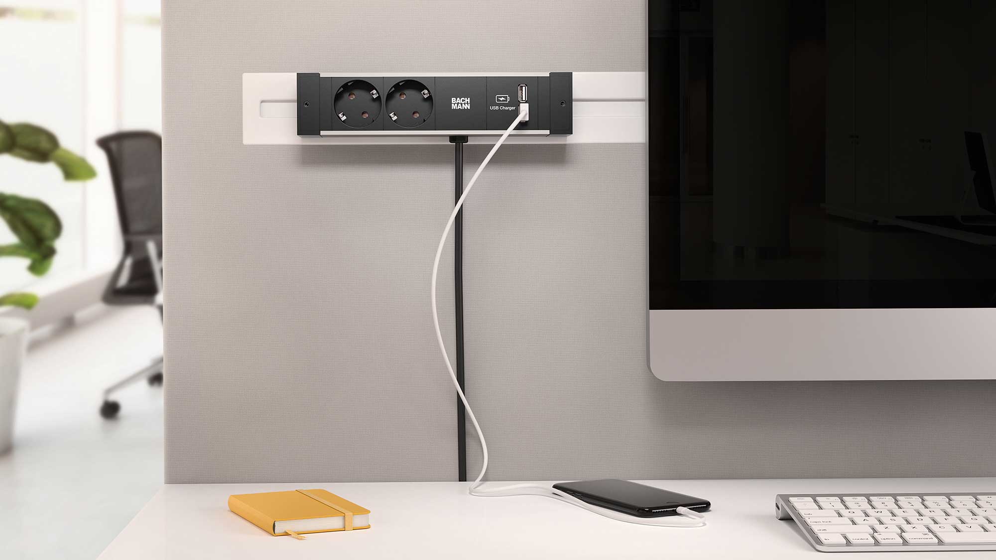 BACHMANN 2-fach Steckdose DESK RAIL - kompatibel mit gängigen Relingsystemen z. B. NOVUS MY Toolbar mit 2x USB A 15W