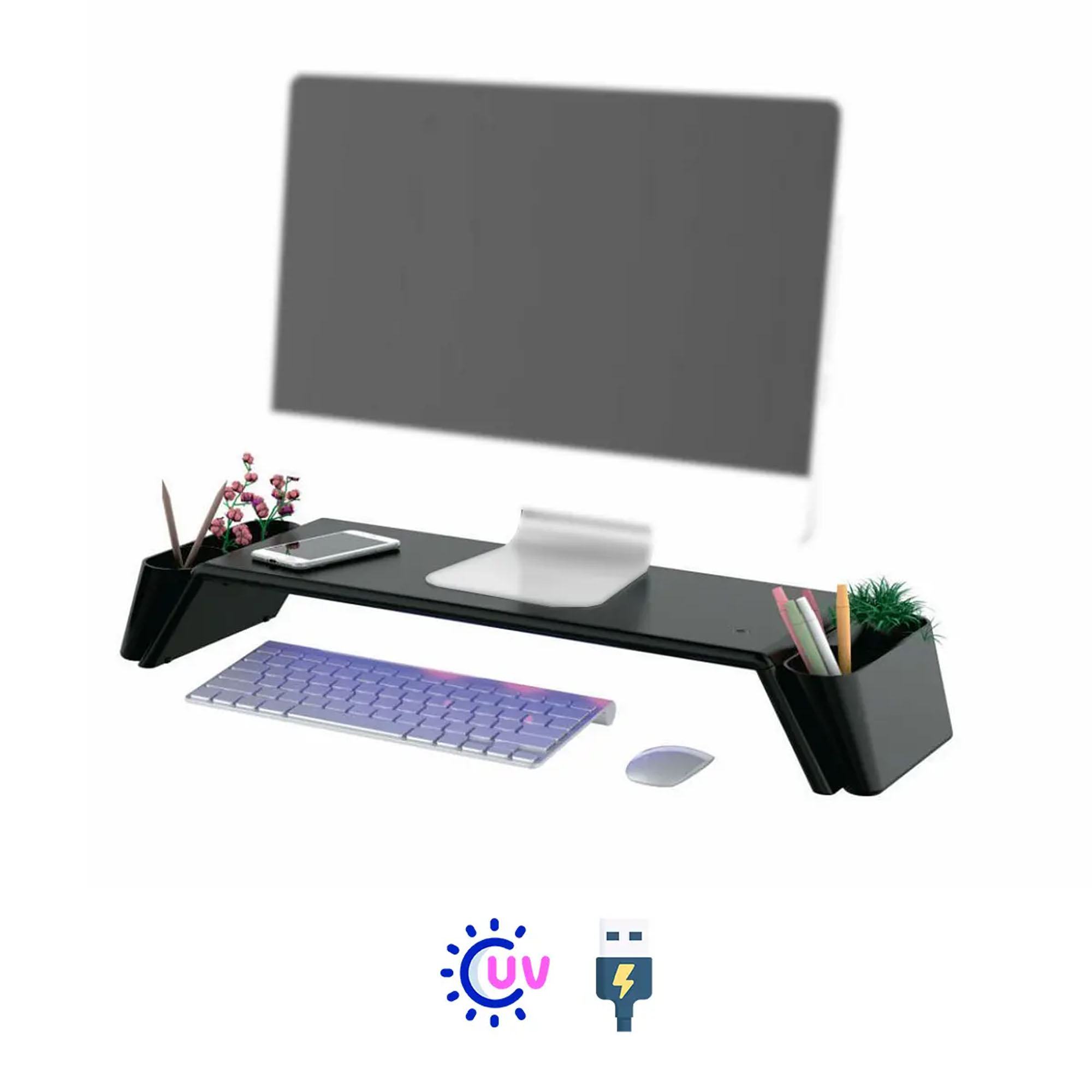 Spacetronik Monitorständer mit UV-Licht, USB-Ladegerät und Behälter