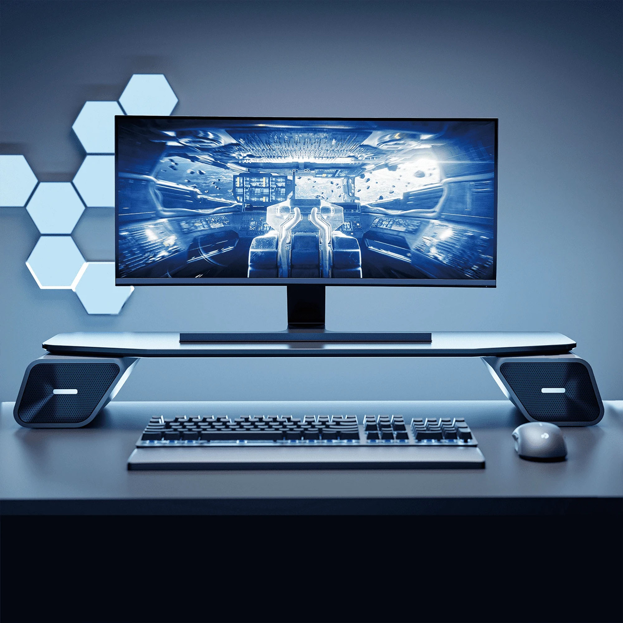 Spacetronik Monitorständer mit Lautsprechern mit RGB-Beleuchtung