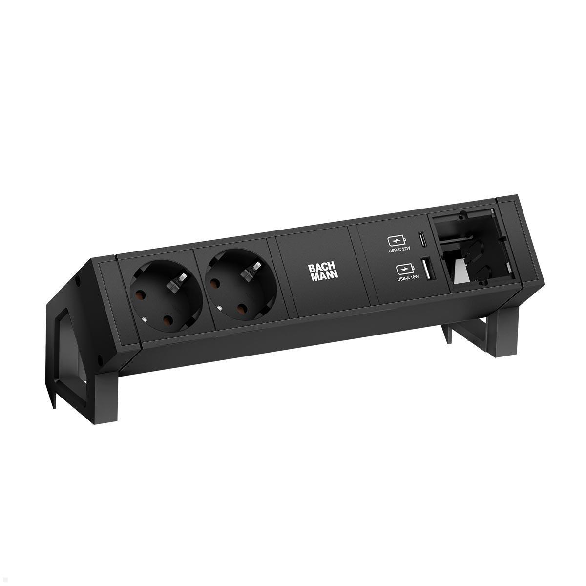 BACHMANN 2-fach Steckdosenleiste DESK 2 mit USB-A & C Buchse und Costum-Modul - schwarz