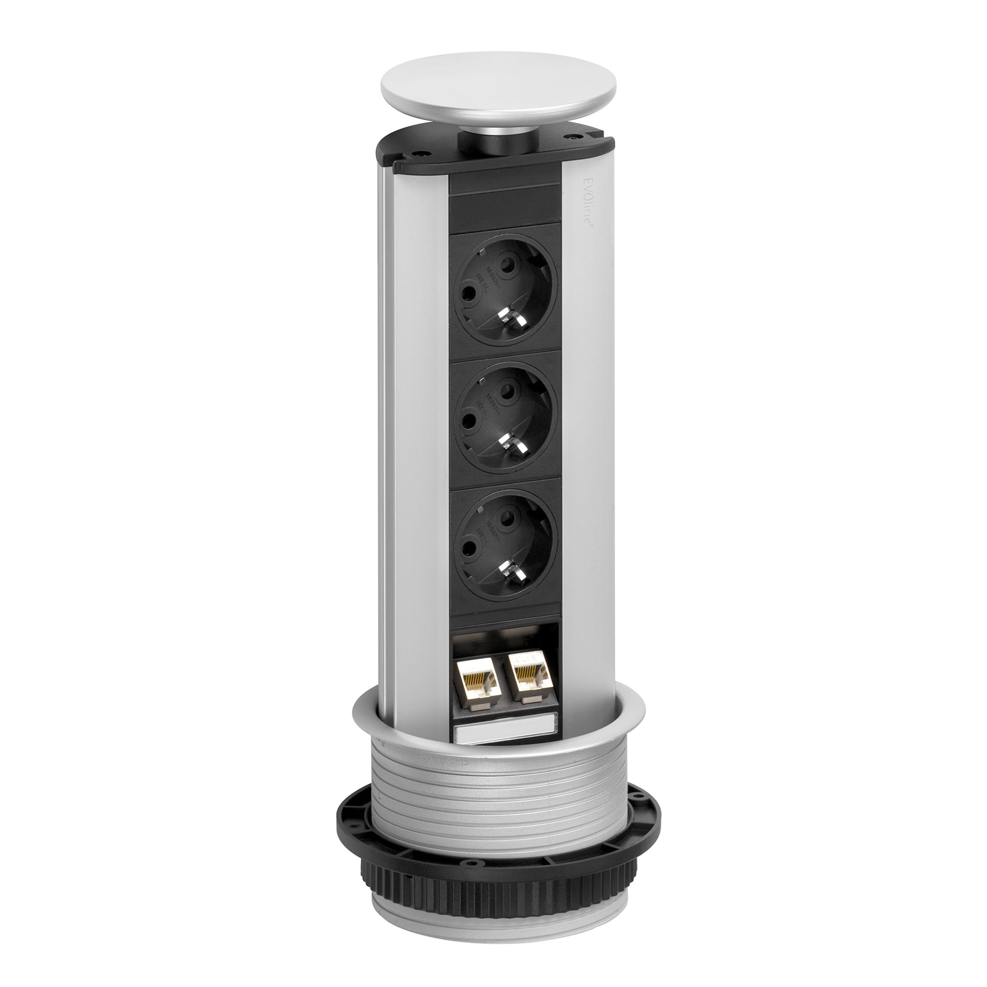 EVOline Port Data - versenkbarer 3-fach Einbausteckdose mit 2x  RJ45-Anschluss