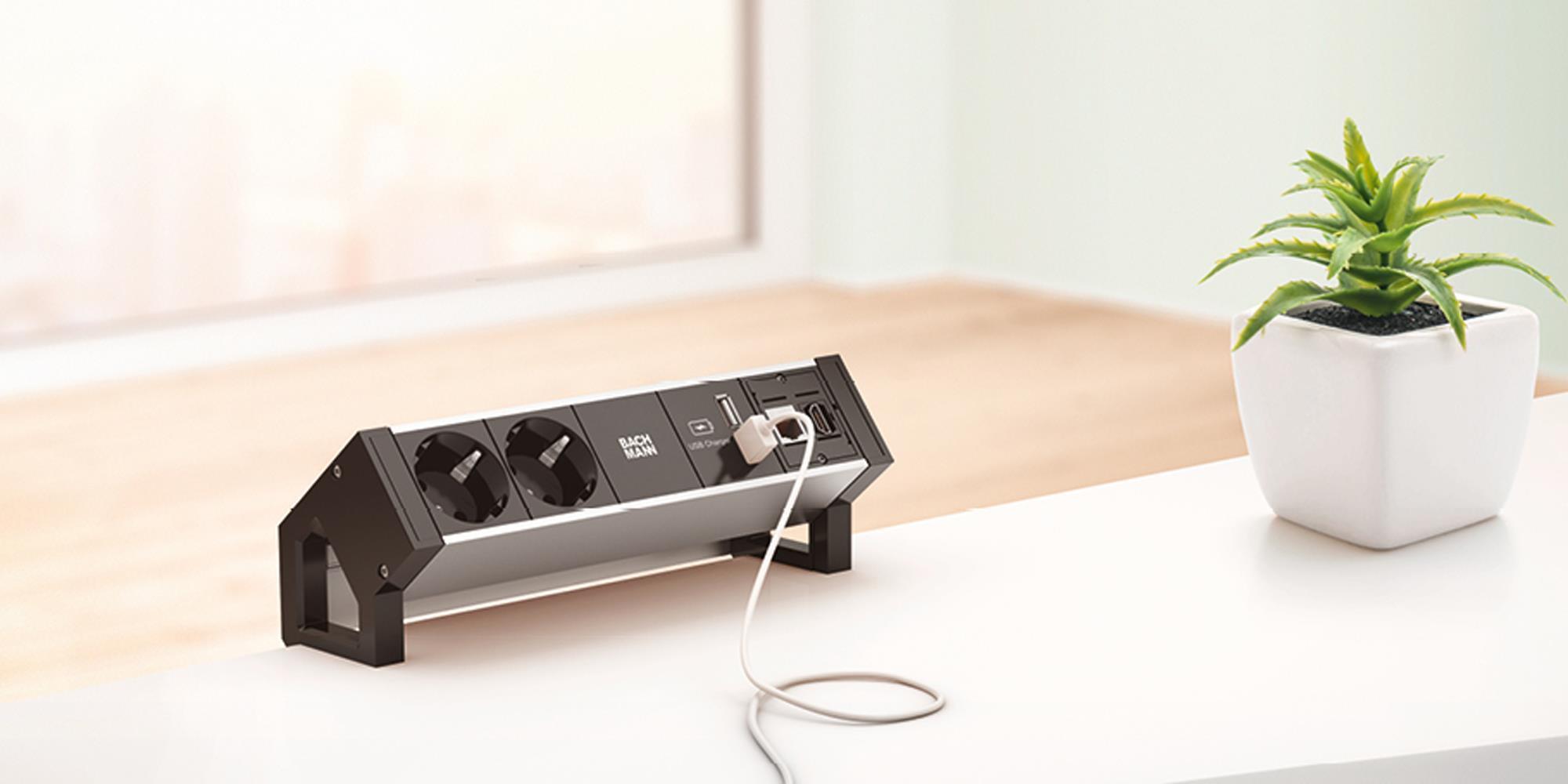 BACHMANN 2-fach Tischsteckdose DESK 2 mit Schalter und USB-A & C Buchse - weiß