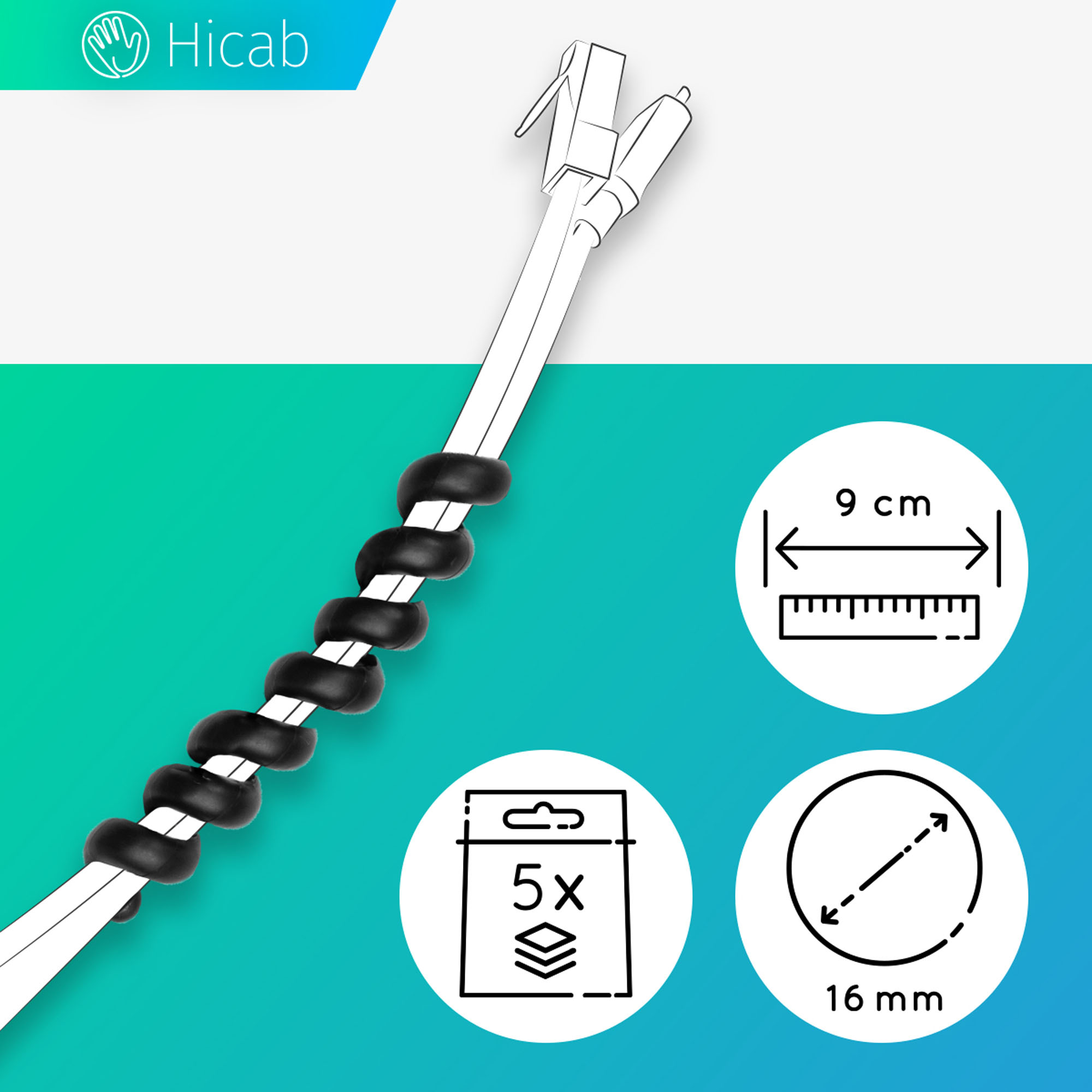 Hicab Kabelhalter Spirale, schwarz, 5er Paket