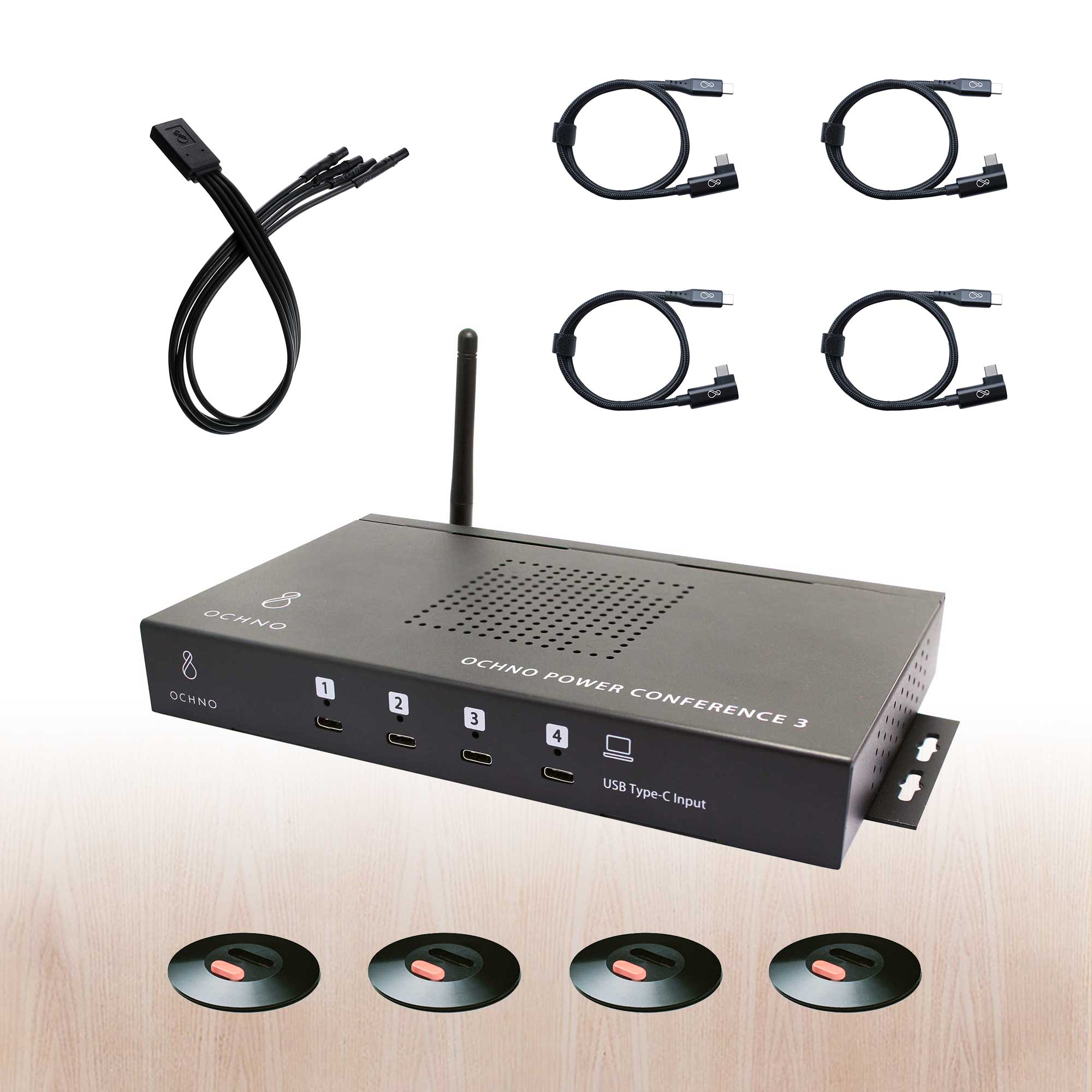 OCHNO Bundle O-PC-3 I 4x LED Sockets schwarz I 4x USB-C Kabel gewinkelt 0,7 m schwarz I Switch Adapter