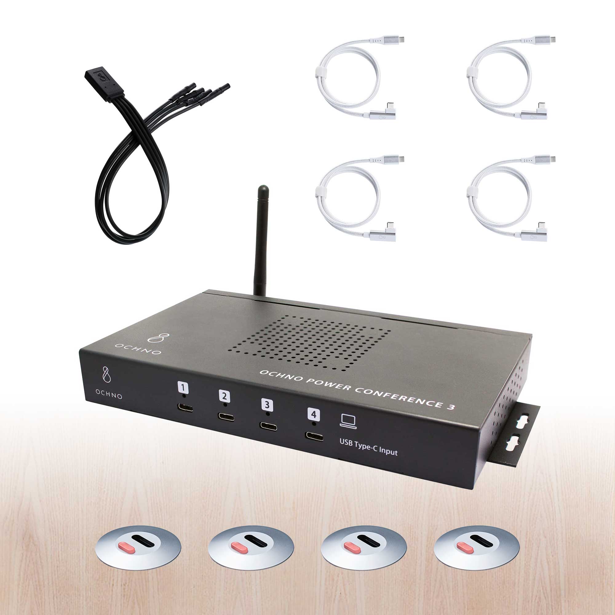 OCHNO Bundle O-PC-3 I 4x LED Sockets silber I 4x USB-C Kabel gewinkelt 0,7 m silber I Switch Adapter