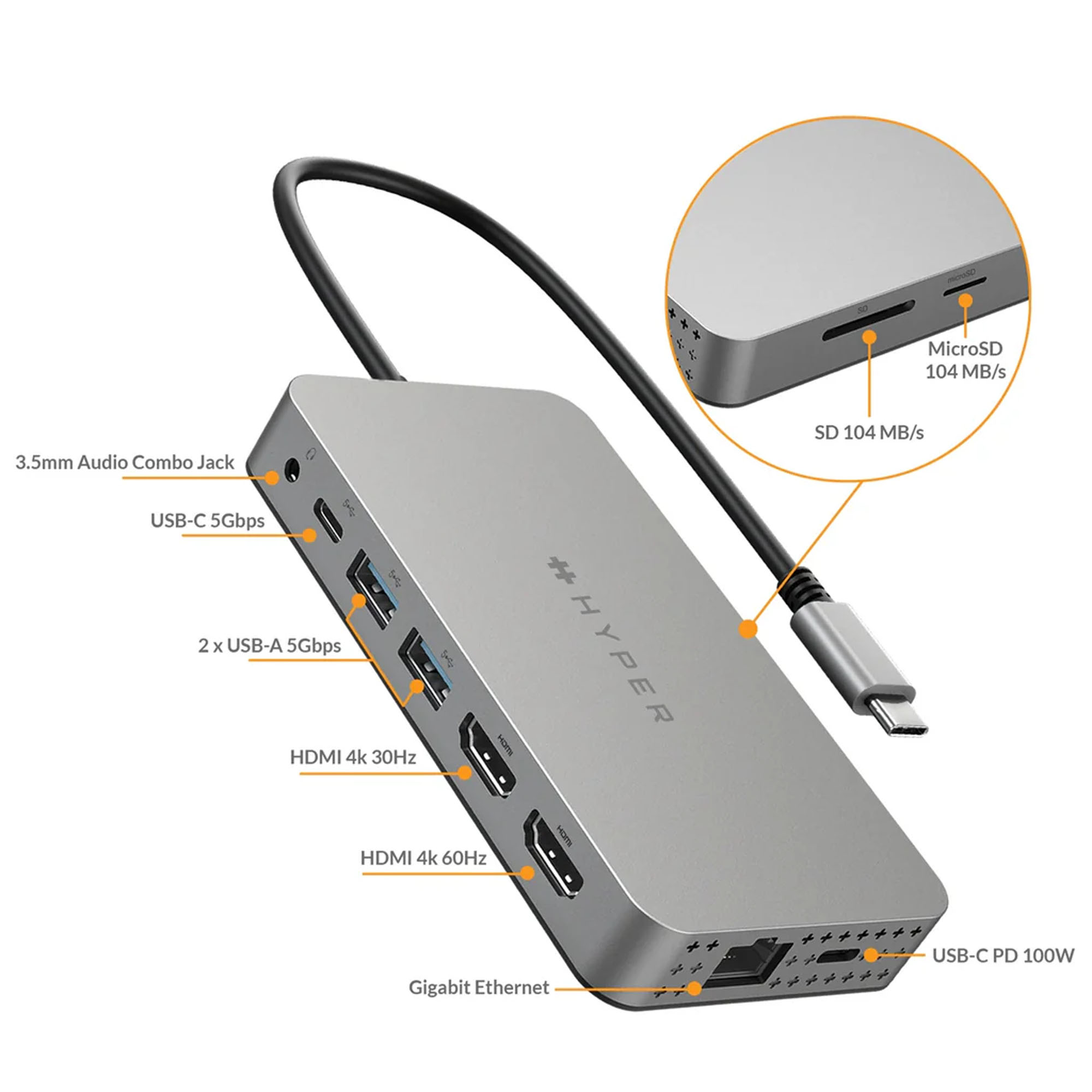 HYPER HyperDrive Dual 4K HDMI 10-in-1 Dockingstation für 1-2 Monitore | MacBooks, Chromebooks & Windows - Silber