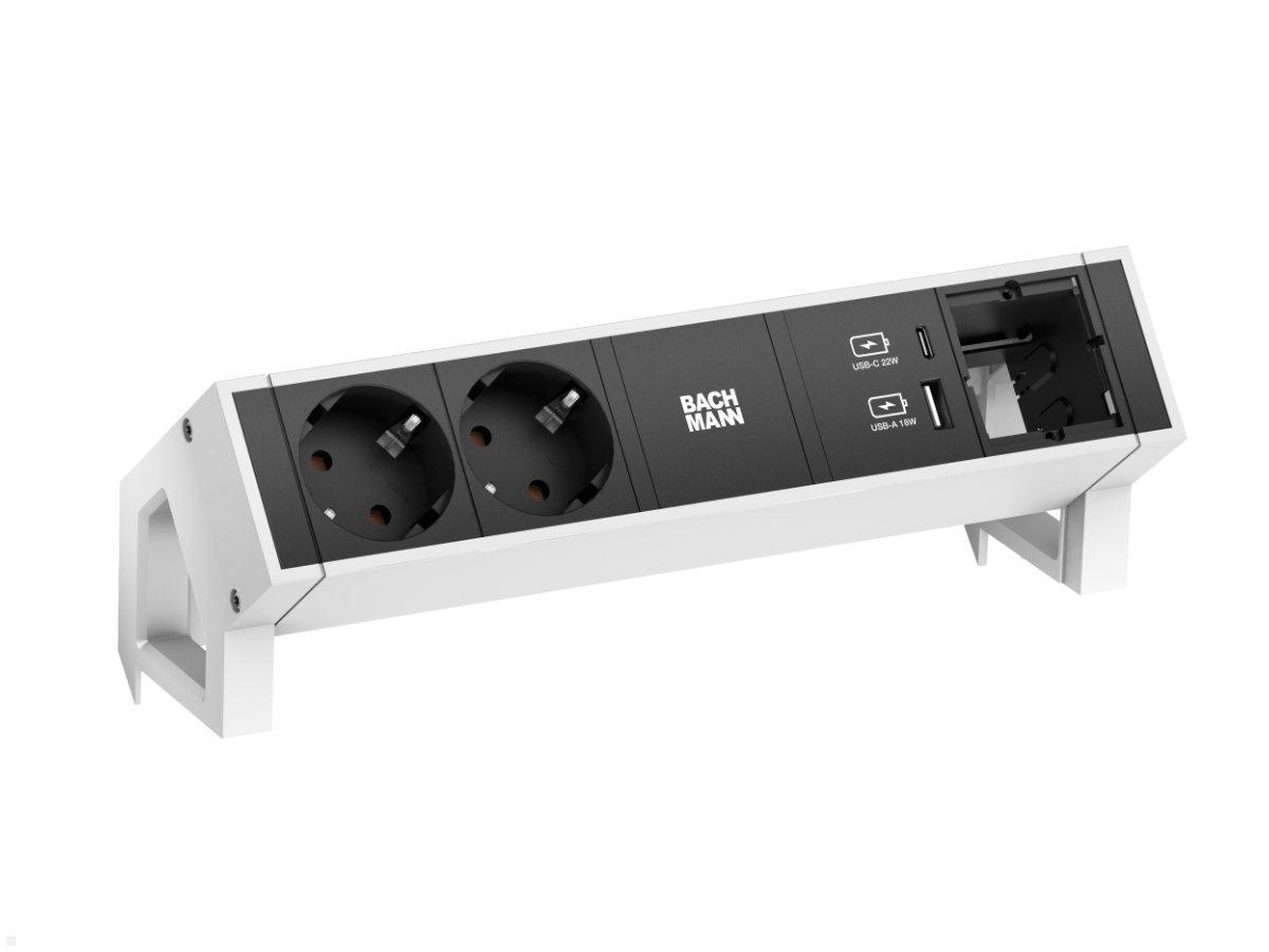 BACHMANN 2-fach Tischsteckdose DESK 2 mit USB-A & C Buchse und 1x Costum-Modul Platz